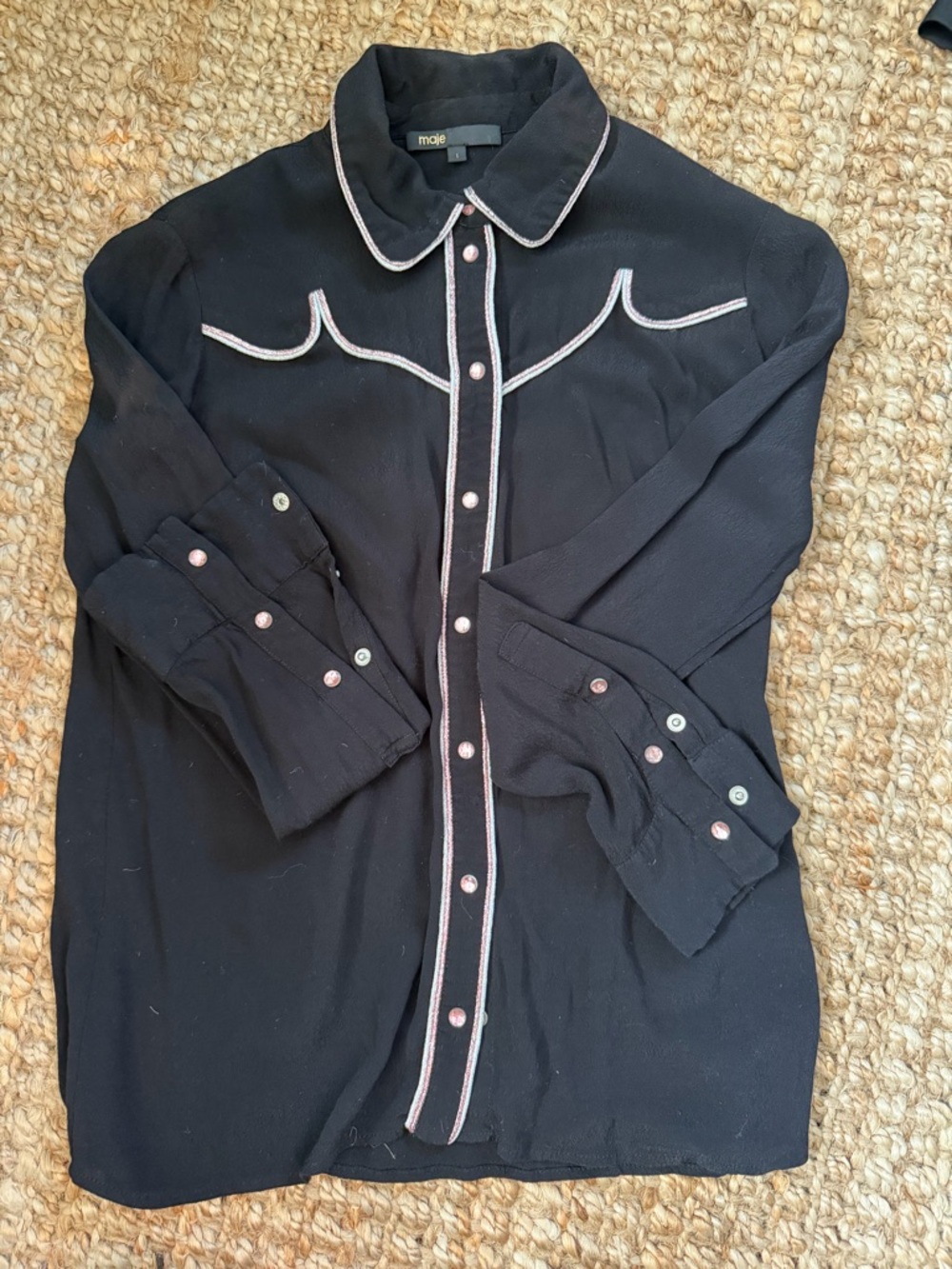 Maje Black Button-Front Western-Trim Shirt